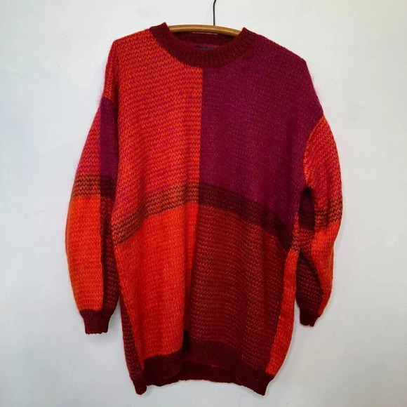 Vintage Paul Harris Red Colorblock Chunky Knit Mohair Sweater Size Large - Picture 1 of 5